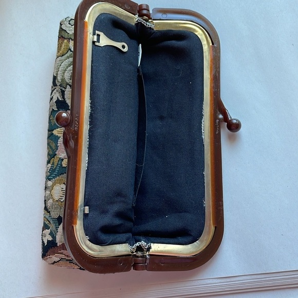 VTG Cottagecore Clutch Woven Jacquard Tapestry Purse Floral Mauve Bag Kiss 90s - Picture 11 of 14